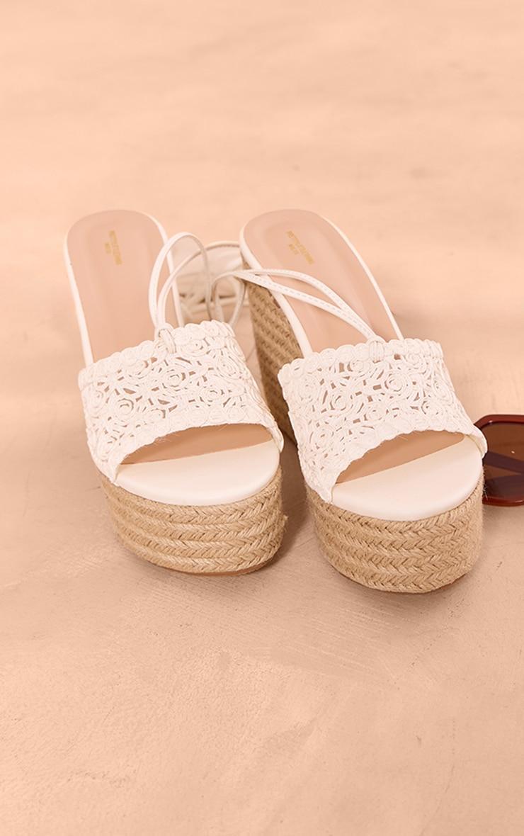 White Wide Fit Pu Round Toe Woven Strap Lace Up Espadrille Wedges Product Image