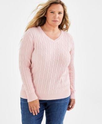 Plus Size Cotton Cable-Knit V-Neck Sweater, Created for Macy's Product Image