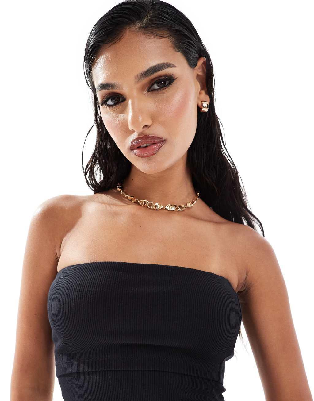 ASOS DESIGN ribbed fold over bandeau top in black Product Image