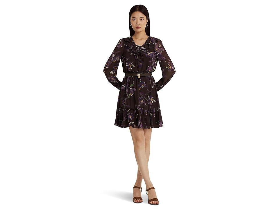 LAUREN Ralph Lauren Floral Ruffle-Trim Georgette Dress Purple/Multi) Women's Dress Product Image