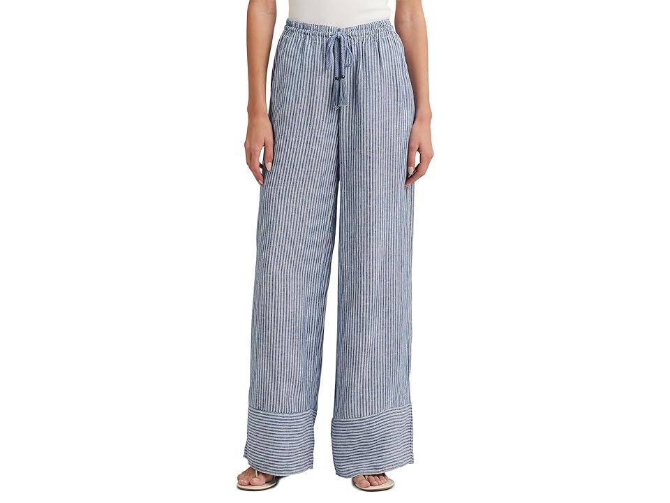 LAUREN Ralph Lauren Pinstripe Linen Wide-Leg Pants White) Women's Jeans Product Image