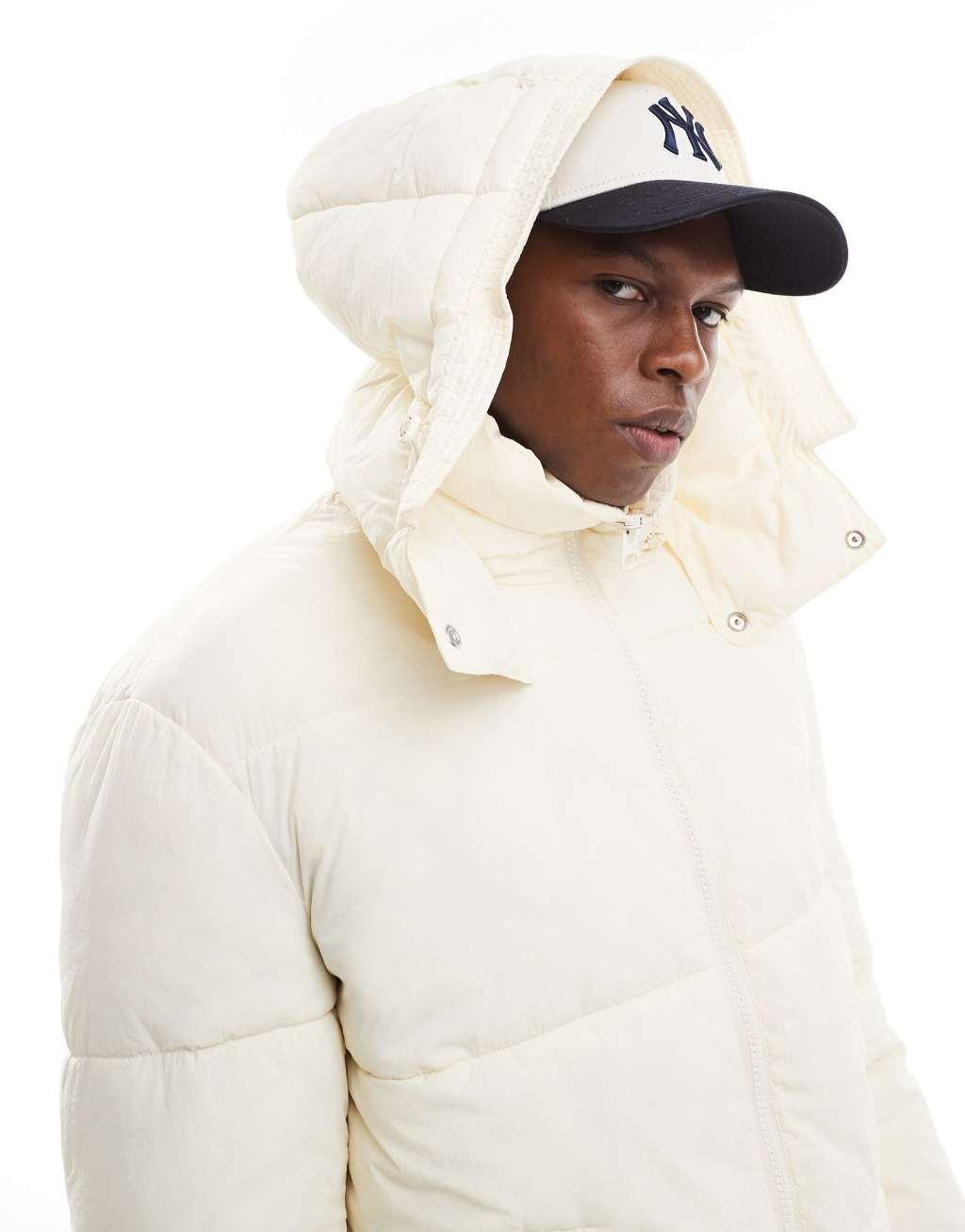 ONLY & SONS quilted puffer jacket with wide hood in off white Product Image