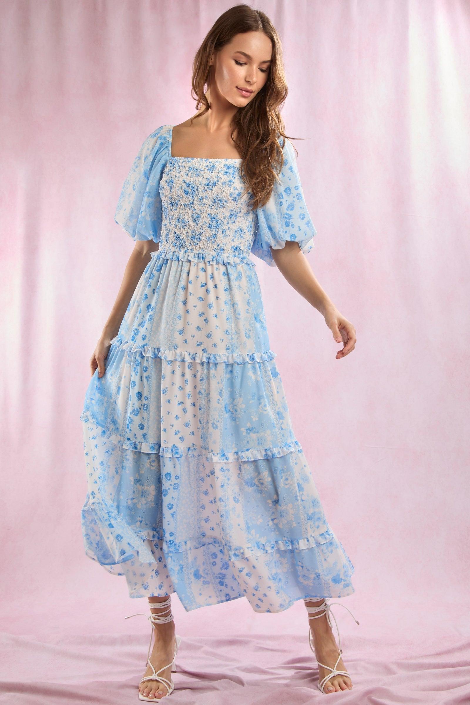 Patchwork Bubble Sleeve Maxi Dress Product Image