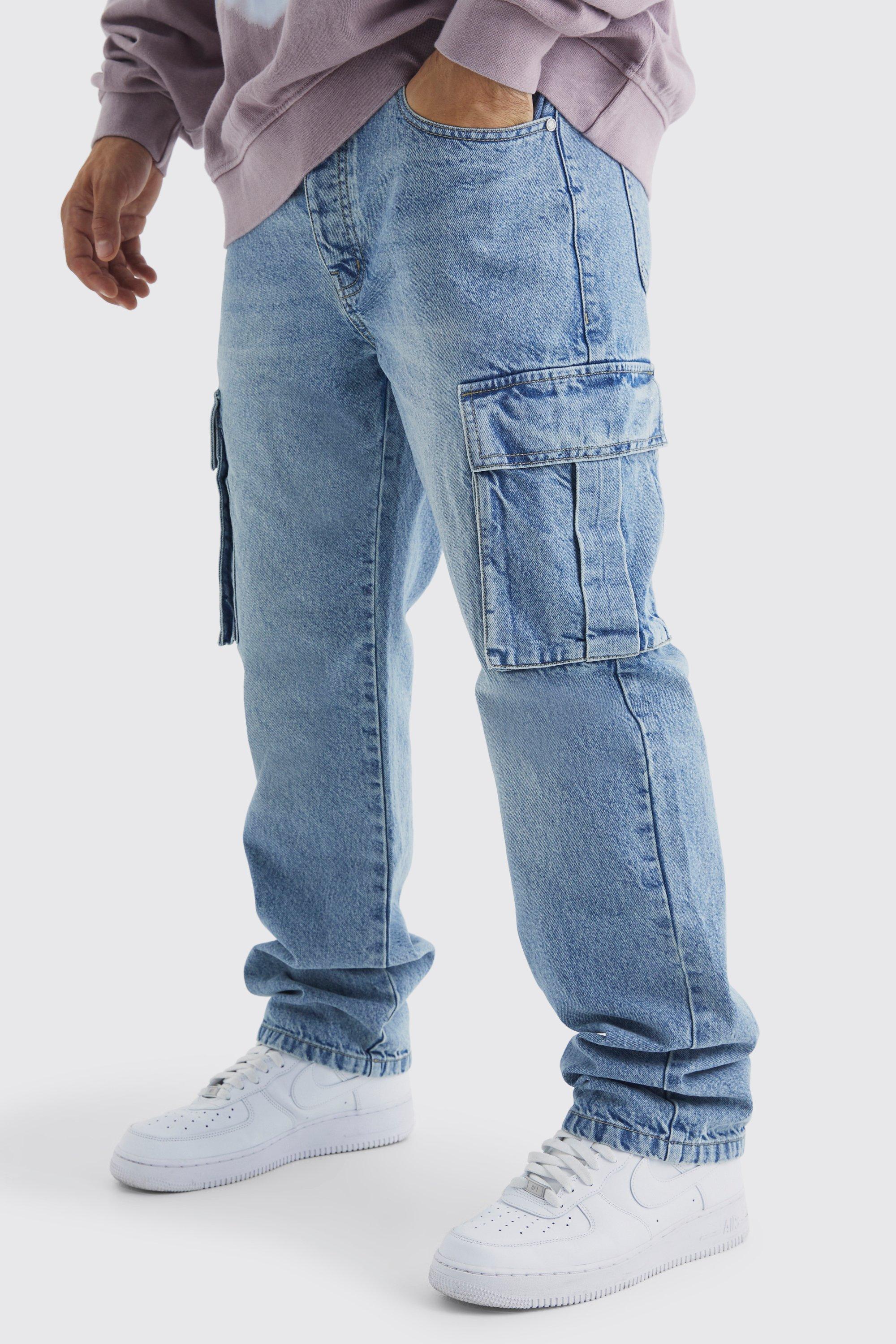 Mens Blue Relaxed Rigid Cargo Jeans, Blue Product Image