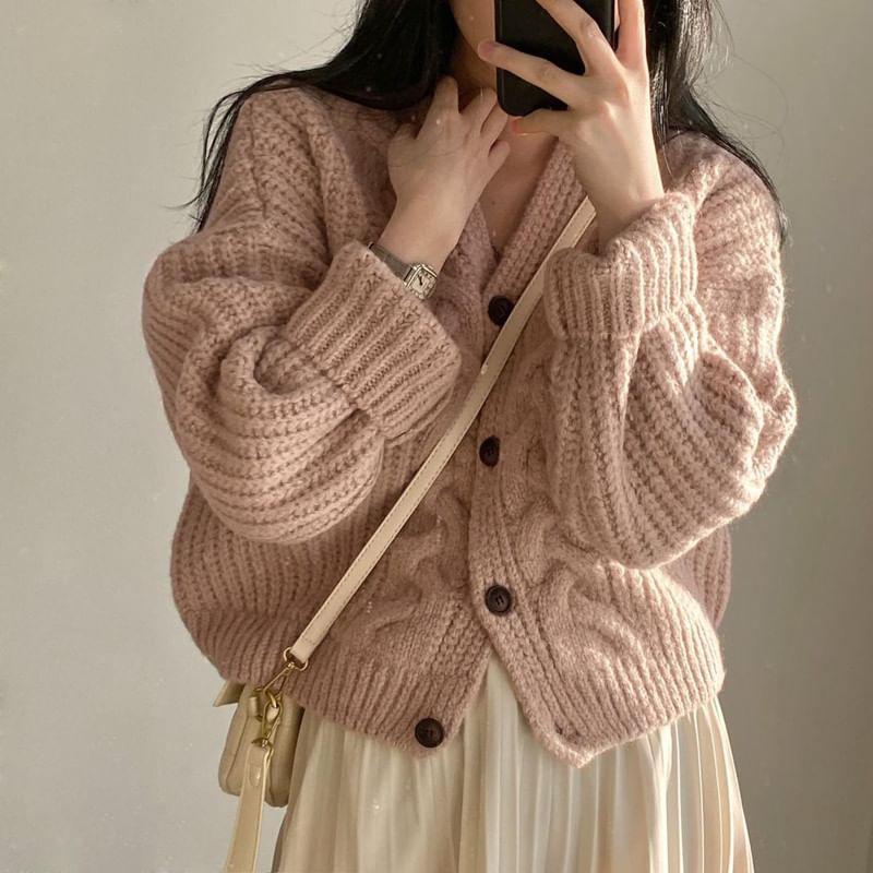 V-Neck Plain Button-Up Cable Knit Cardigan product image