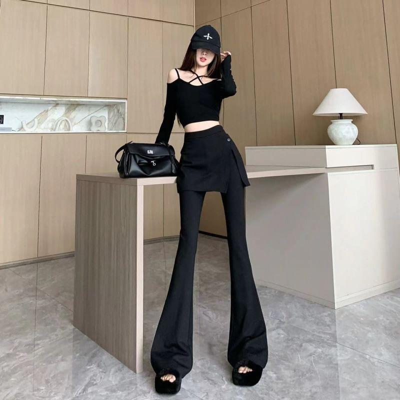 High Rise Plain Mock Two-Piece Flared Pants Product Image