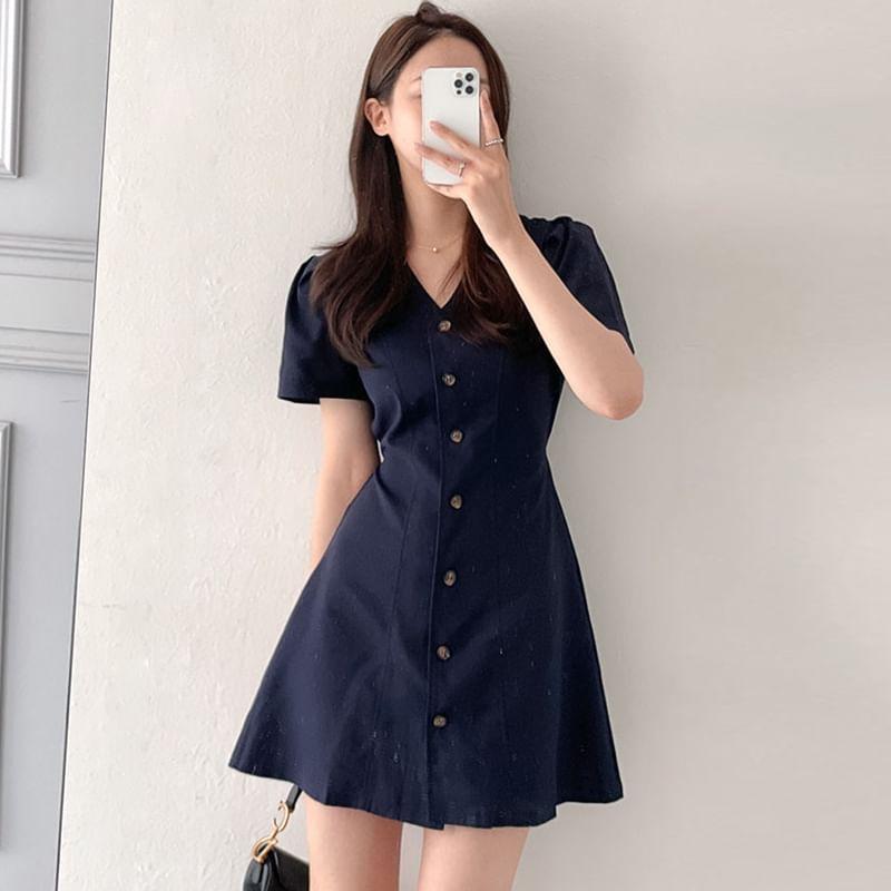 Short-Sleeve V-Neck Plain Button Mini A-Line Dress Product Image