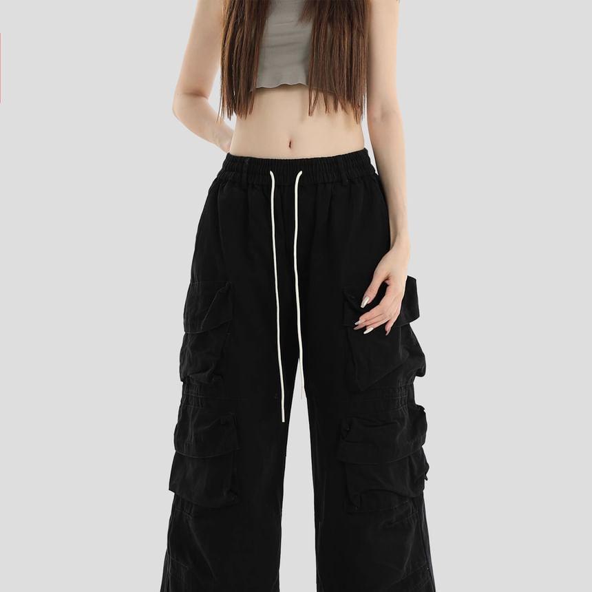 Drawstring Waist Plain Wide Leg Cargo Pants Product Image