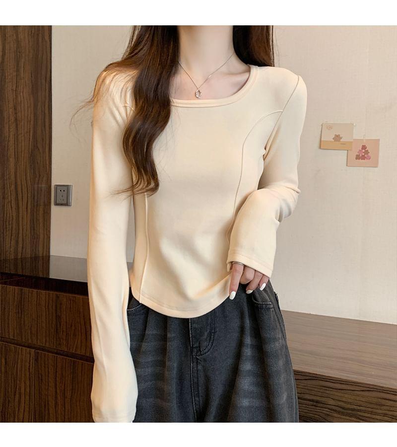 Long-Sleeve Square Neck Plain T-Shirt Product Image