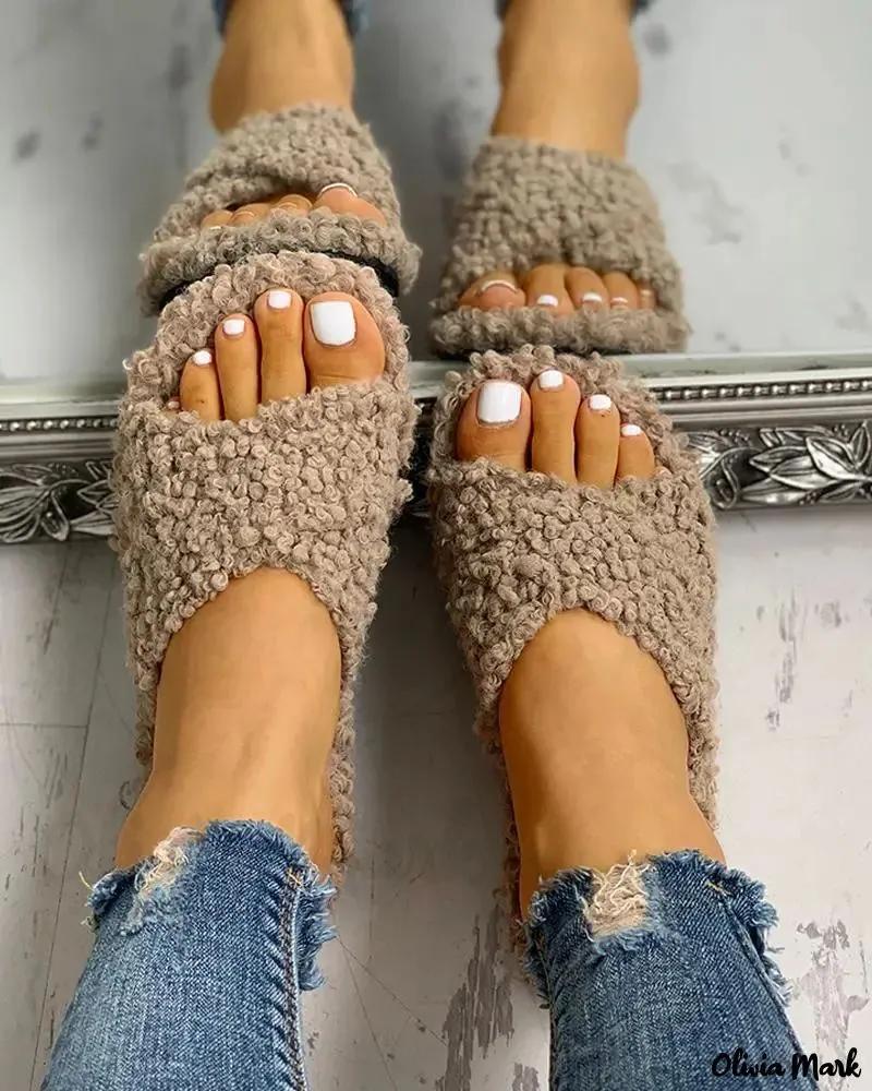 Olivia Mark – Solid Fluffy Cross Design Flat Sandals Product Image