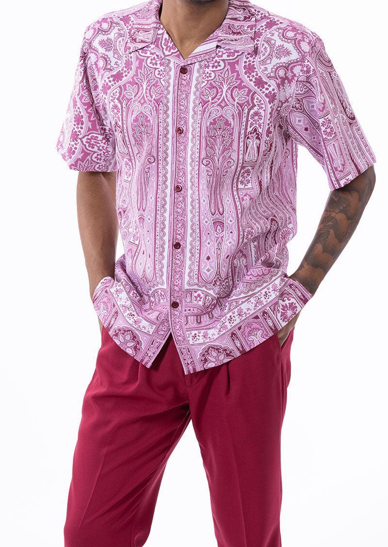 Burgundy Floral Pattern Walking Suit 2 Piece Short Sleeve Set Product Image