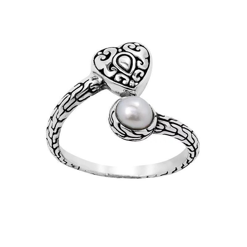 Main and Sterling Oxidized Sterling Silver Cultured Freshwater Pearl Heart Bypass Ring, Womens Product Image