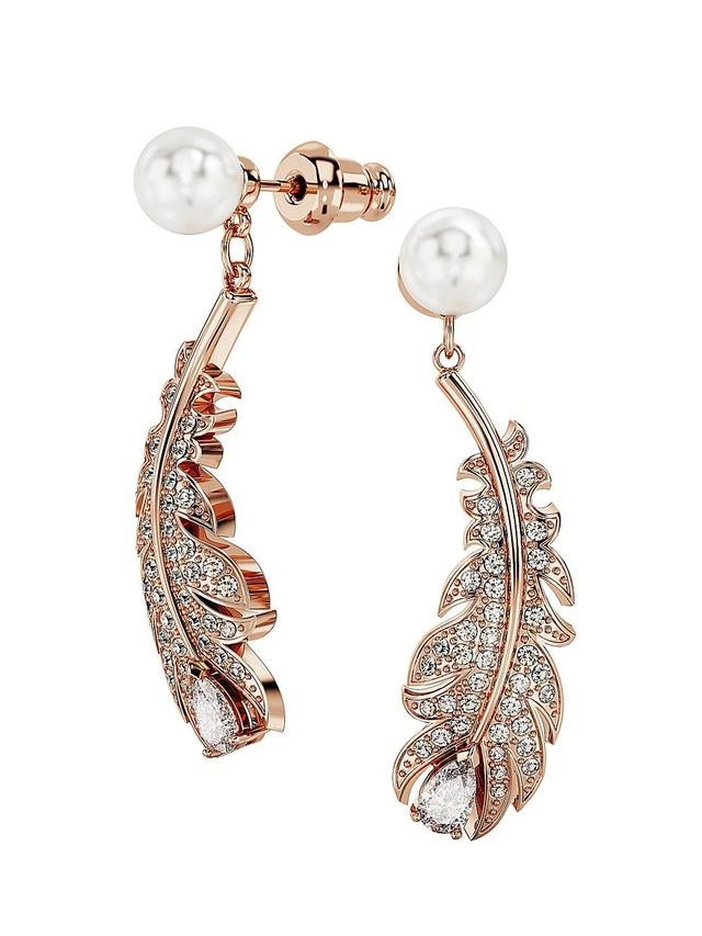 Womens Nice Rose Goldtone & Crystal Feather Drop Earrings Product Image