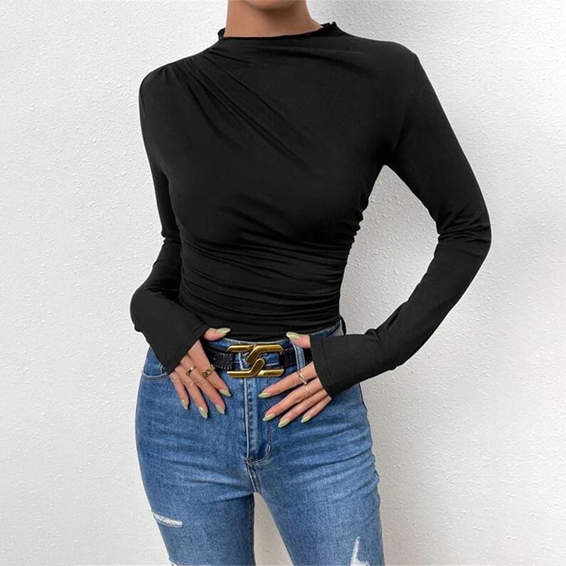 Long-Sleeve Mock Neck Plain Ruched Slim Fit Tee Product Image