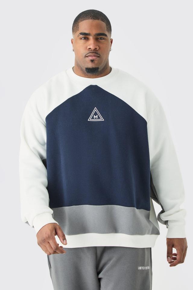 Plus Oversized Colour Block Branded Sweatshirt In Navy | boohooMAN USA Product Image