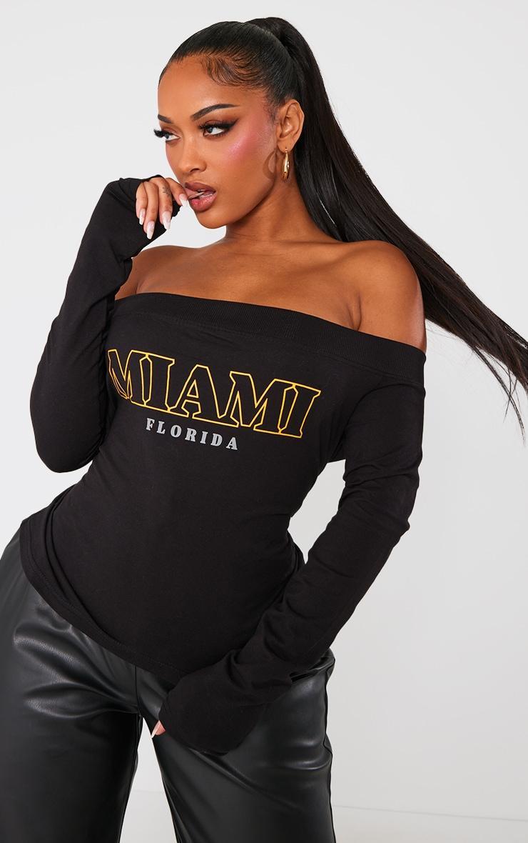 Shape Black Miami Printed Bardot Long Sleeve Top Product Image