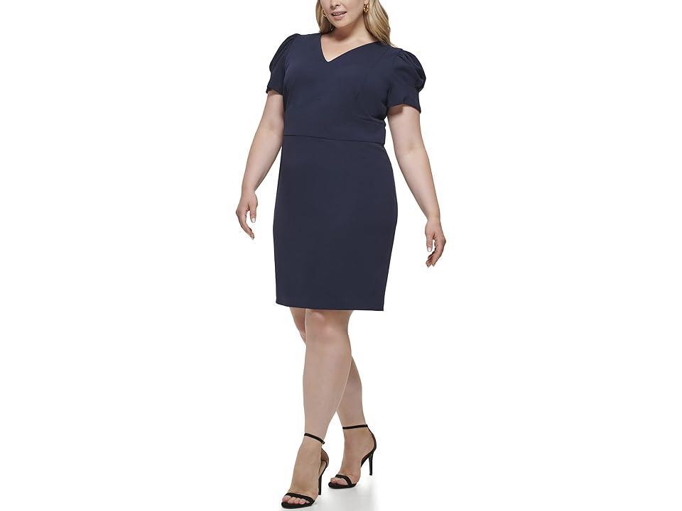 DKNY Plus Size V-Neck Puff Sleeve Dress (Midnight) Women's Clothing Product Image