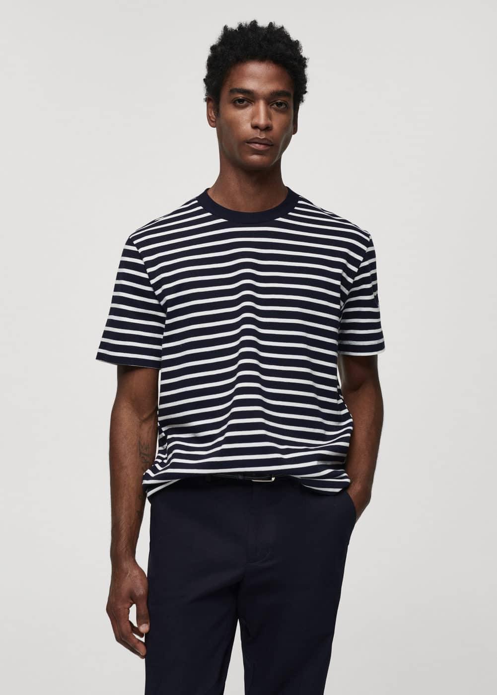 MANGO MAN - Striped cotton T-shirt dark navyMen Product Image