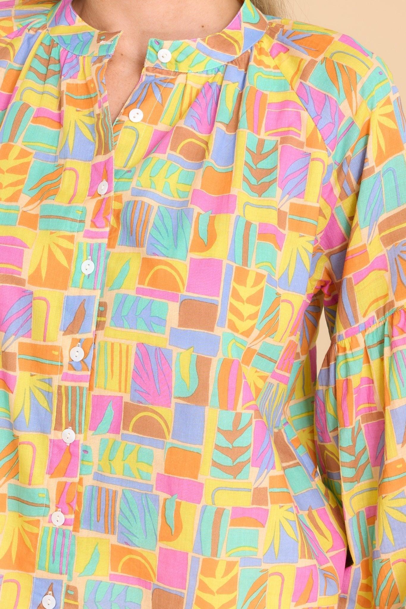 Emory South Beach Print Cotton Button Front Top Yellow Product Image