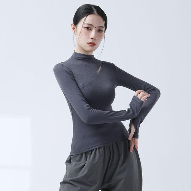 Long-Sleeve Mock Neck Plain Cutout T-Shirt Product Image