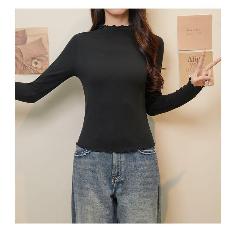 Long Sleeve Mock Neck Plain Lettuce Edge Top Product Image