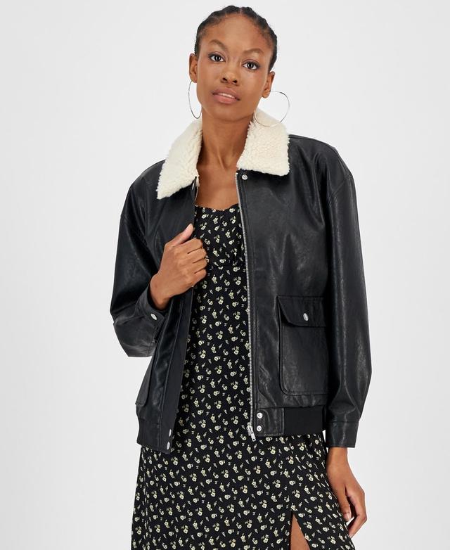 And Now This Womens Faux-Leather Bomber Jacket Product Image