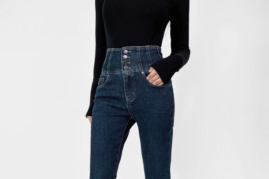 High Waist Plain Slim Leg Jeans Product Image