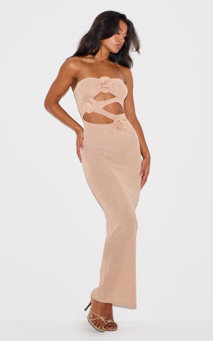 Champagne Sheer Glitter Knit Cut Out Corsage Bandeau Maxi Dress Product Image