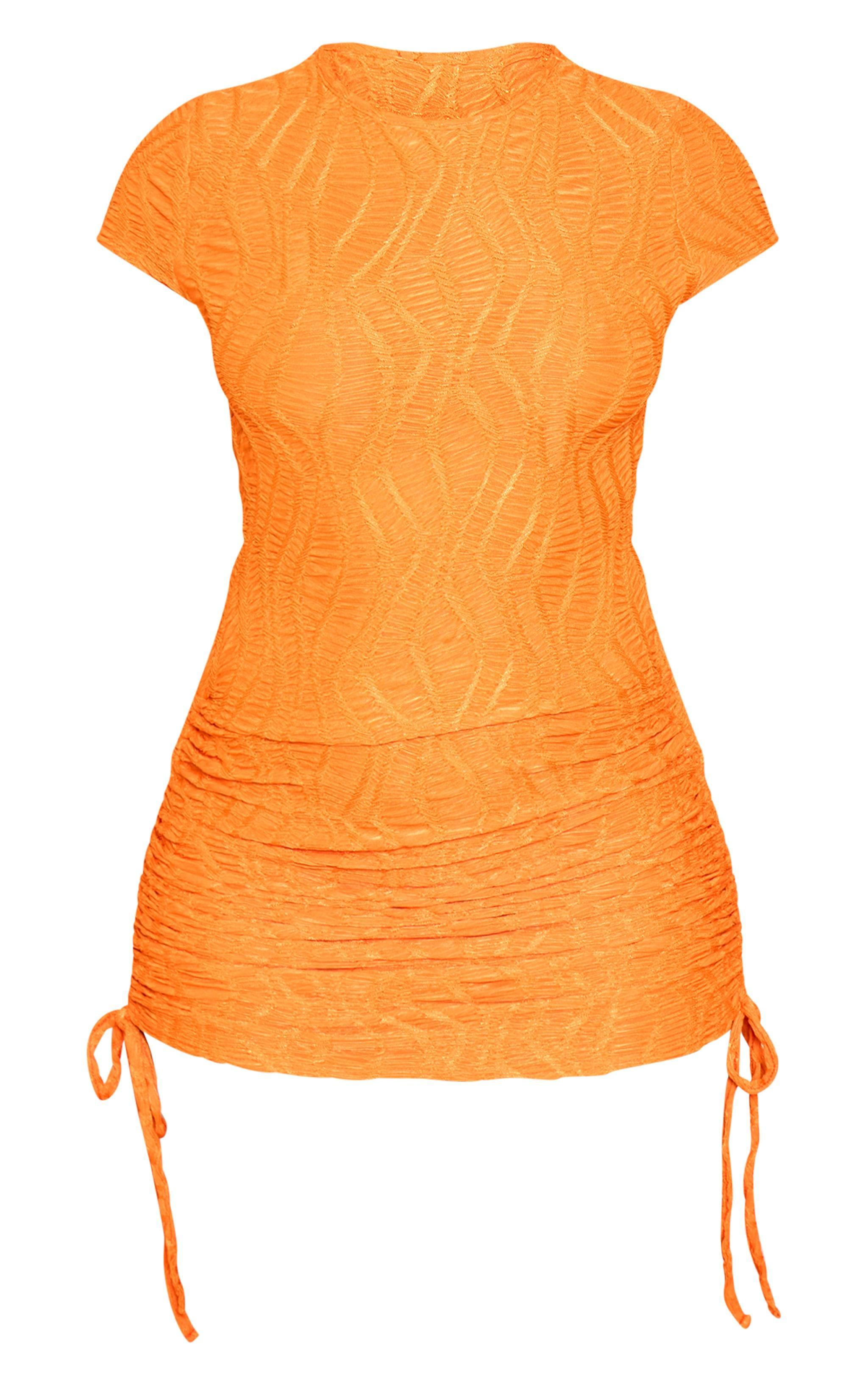 Orange Textured Ruched Cap Sleeve Bodycon Dress Product Image