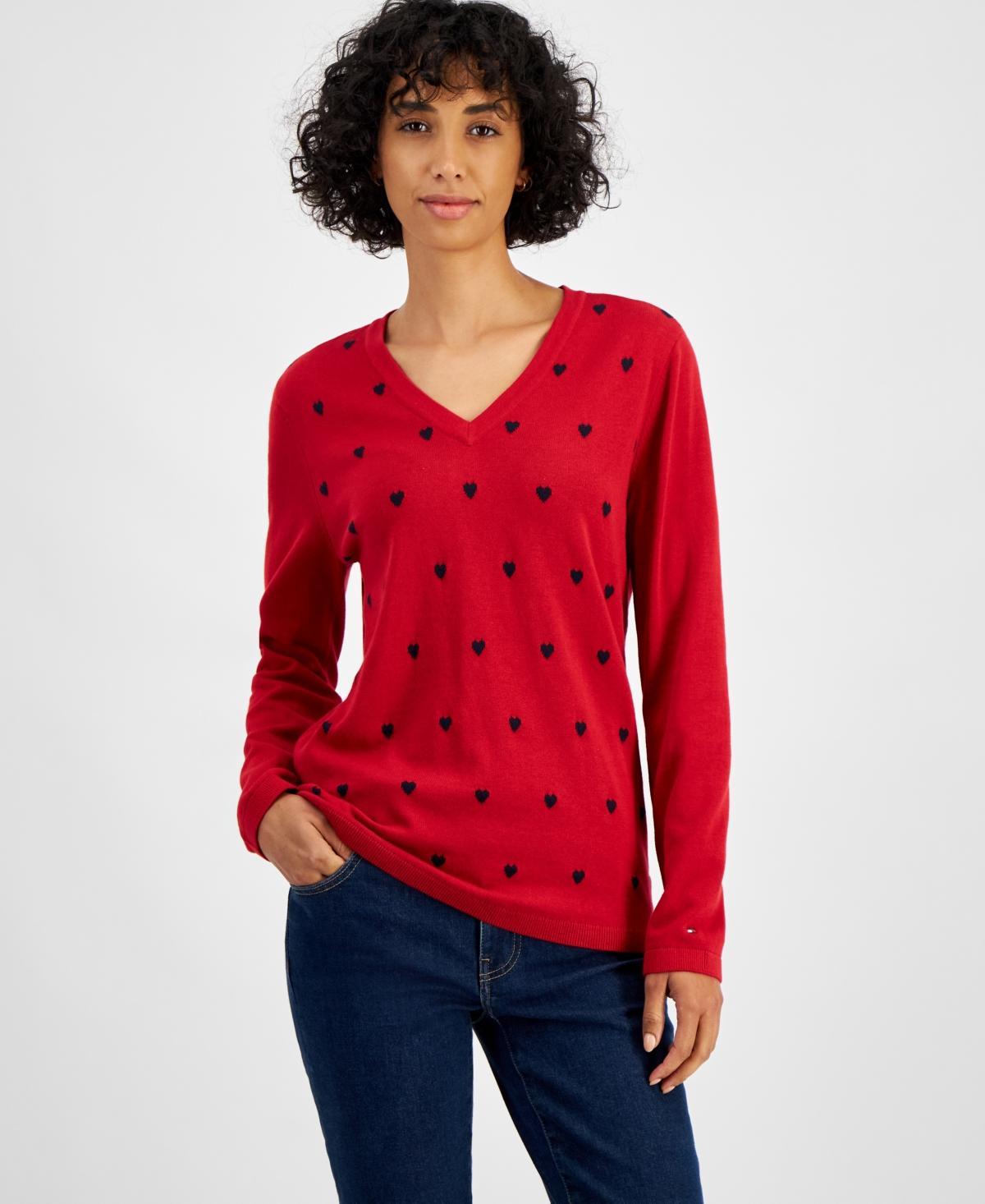 Tommy Hilfiger Womens Heart Print V-Neck Long-Sleeve Cotton Sweater product image