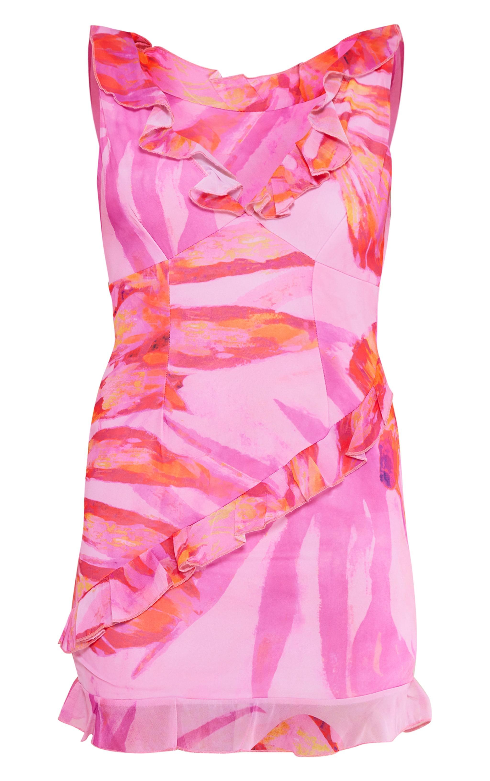 Pink Floral Printed Frill Detail Chiffon Mini Dress Product Image