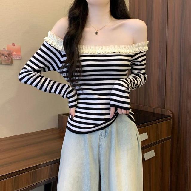 Long-Sleeve Off-Shoulder Ruffle Trim Slim Fit T-Shirt Product Image