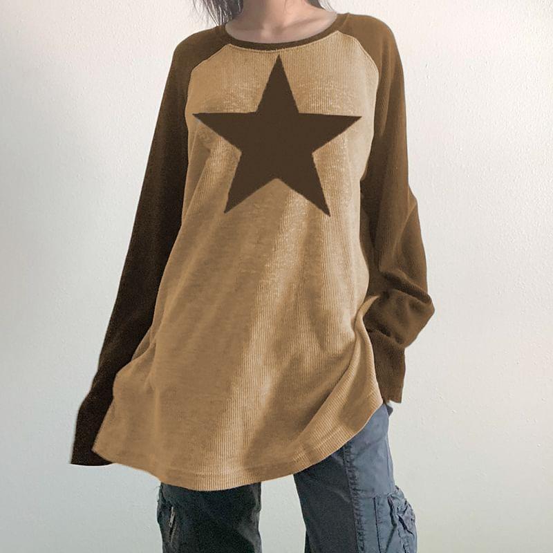 Long Raglan Sleeve Star Print Oversized T-Shirt Product Image