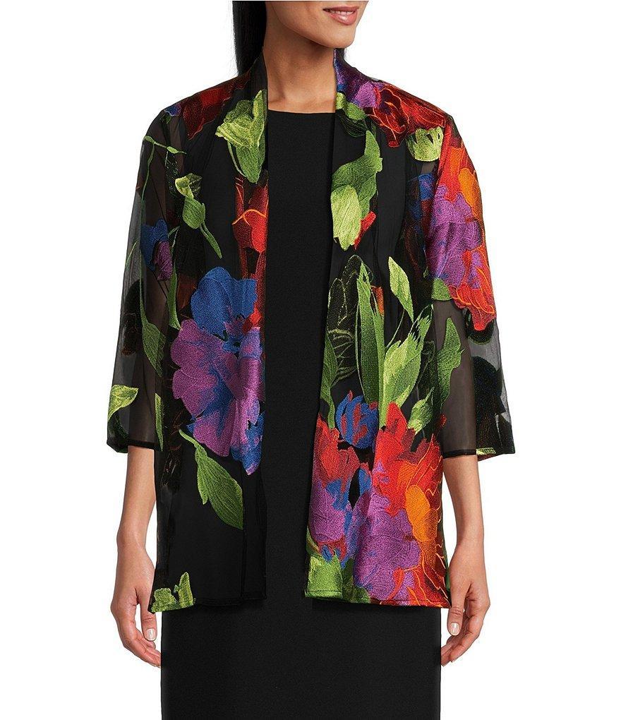 Caroline Rose Flower Burst Embroidered Mesh 3/4 Sleeve Drape Neck Statement Jacket Product Image