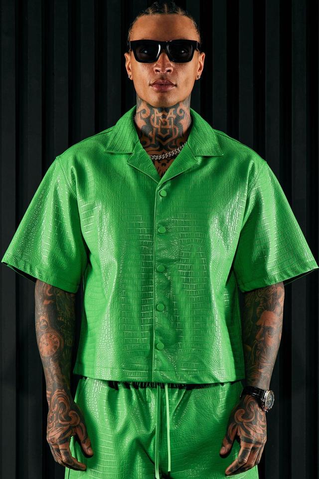 Gotta Run Faux Croc Leather Cropped Button Up Shirt - Green Product Image