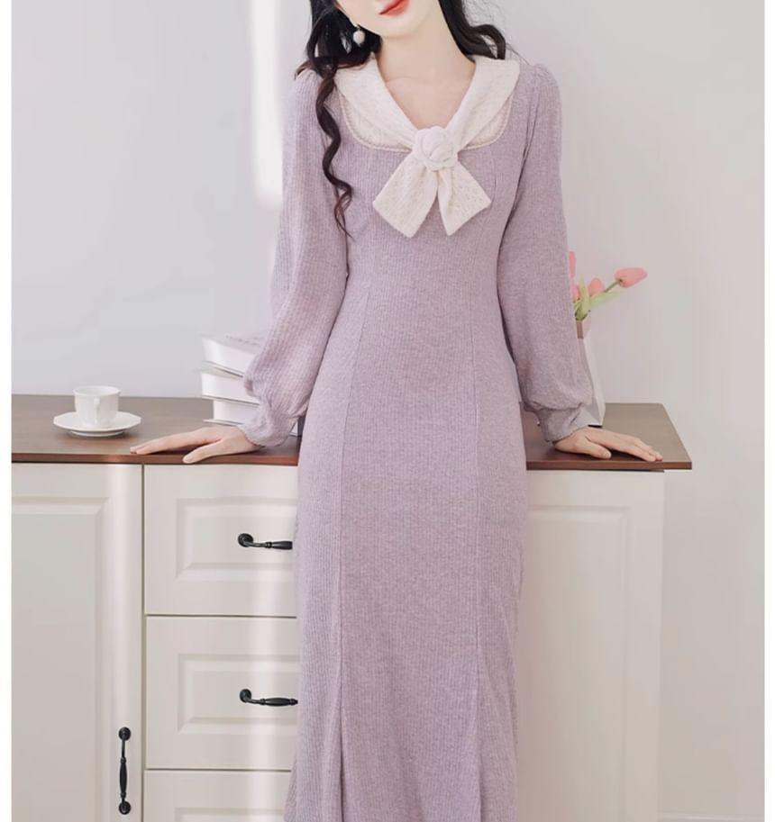 Long Sleeve V-Neck Flower Detail  Maxi A-Line Dress Product Image