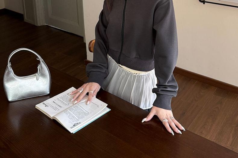 Long-Sleeve Off-The-Shoulder Plain Zip Pullover / Mid Rise Plain Wide Leg Sweatpants Product Image