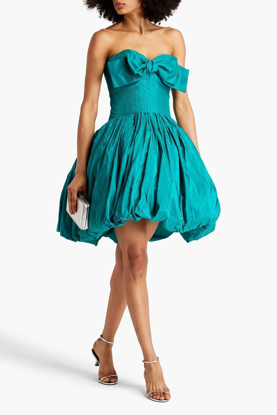 Strapless Bow-embellished Silk-taffeta Mini Dress In Teal Product Image