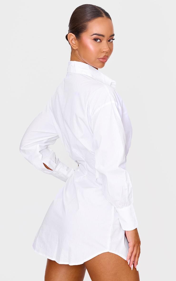 White Fitted Waist Long Sleeve Button Shirt Dress Product Image