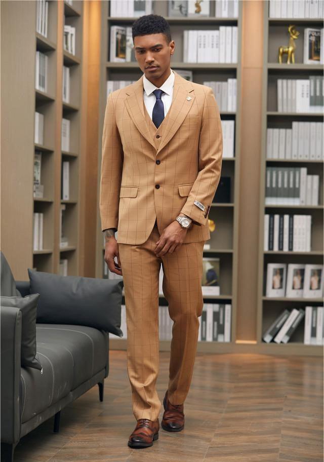 Stacy Adams 3 Piece Suit 2 Buttons Windowpane Hybrid Fit In Rust with Adjustable Waistband Product Image