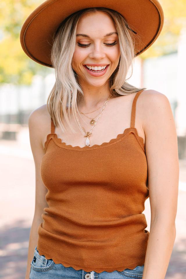 On My Way Out Camel Brown Scalloped Tank Female Product Image