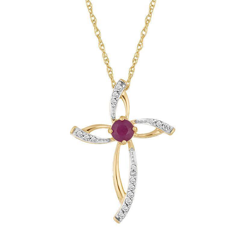 10k Gold Ruby & 1/10 Carat T.W. Diamond Cross Pendant Necklace, Womens Product Image