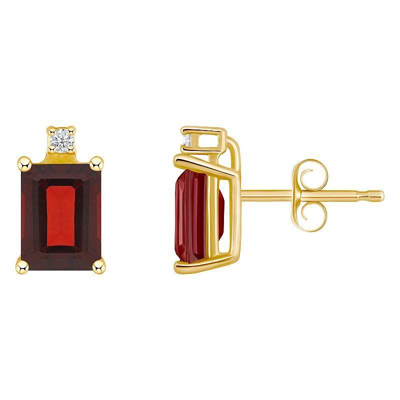 Celebration Gems 14k Gold Emerald Cut Garnet & Diamond Accent Stud Earrings, Womens, Red Product Image