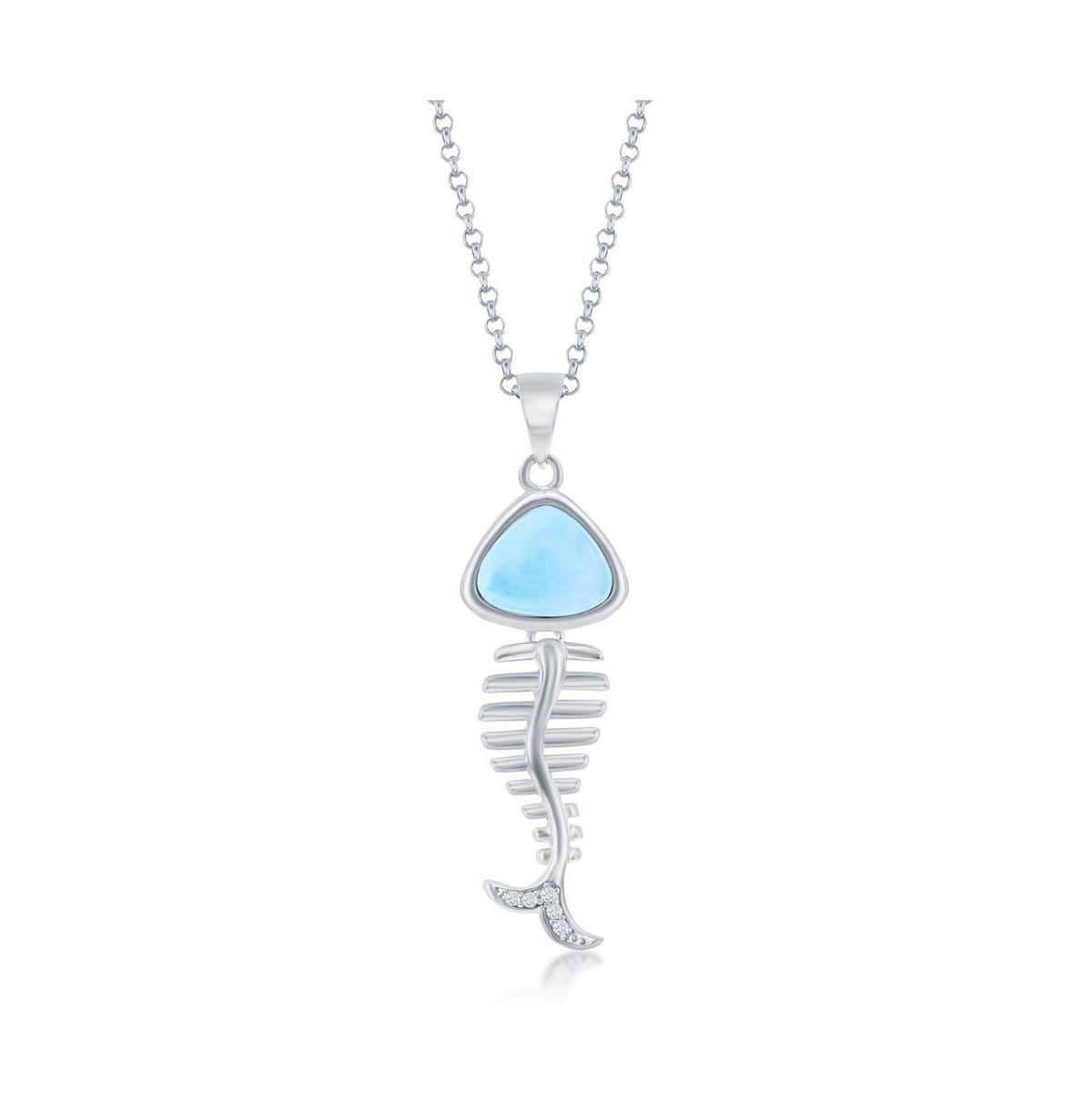 Sterling Silver Larimar and Cz Fish Skeleton Necklace Product Image