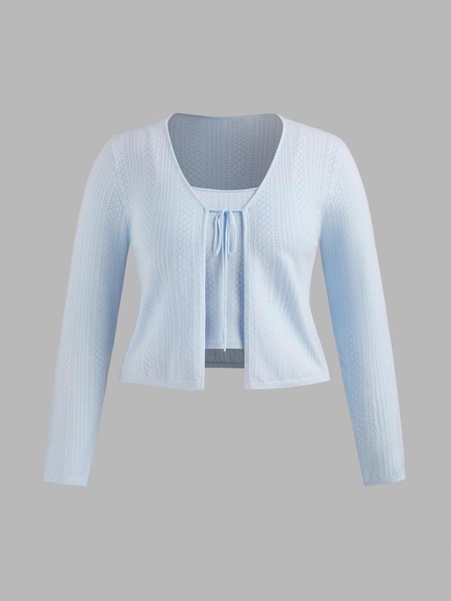 Knitted V-neck Solid Knotted Long Sleeve Top With Solid Crop Cami Top Curve & Plus Product Image