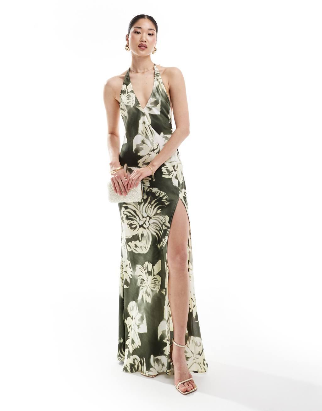 ASOS DESIGN satin plunge front strappy back maxi dress with thigh split in overscale floral  Product Image