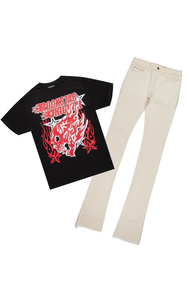 Smitty Black T-Shirt & Josiah Beige Super Stacked Flare Jean Bundle Male Product Image