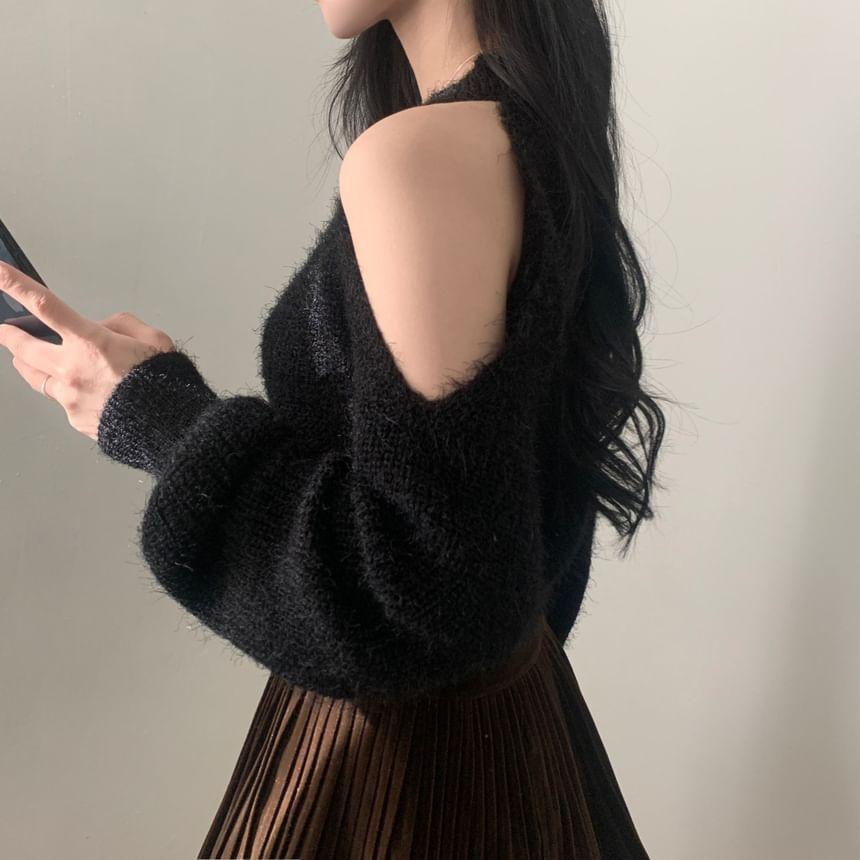 Cold Shoulder Plain Ribbed Knit Oversized Sweater Product Image