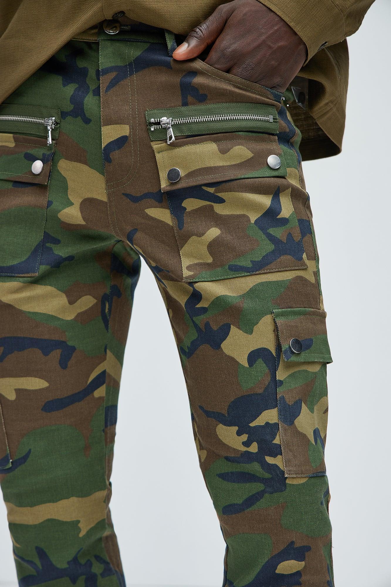 On The Verge Waxed Cargo Zipper Flare Pants - Camouflage Product Image