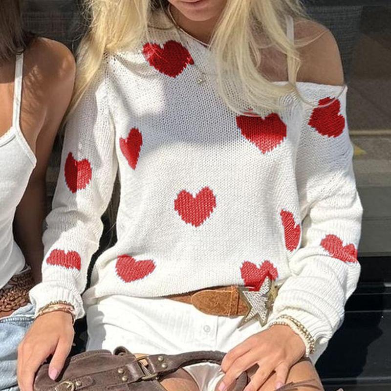 Long Sleeve Cold-Shoulder Heart Print Loose-Fit Sweater Product Image